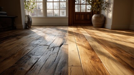 Rustic wooden floor contrasting textures and sunlight in a bright interior space