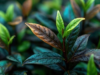 Close-up of vibrant young green and mature brown leaves on a lush plant with blurred foliage background