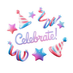 Colorful party decorations festive birthday celebration vibrant 3D hat star balloon swirl text art