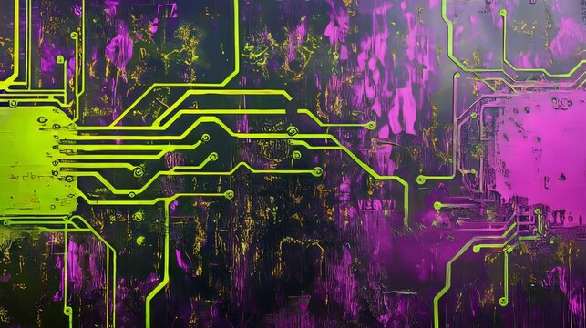 Glowing circuit board pathways on obsidian background neon green and magenta accents tech abstract