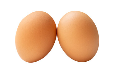 Side view of two fresh brown chicken eggs in stack isolated  with clipping path in png file format