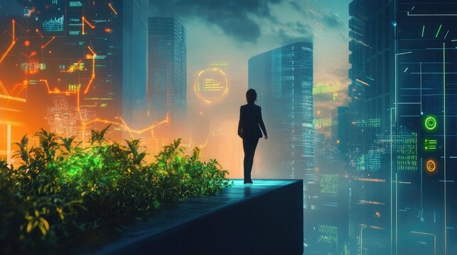 Futuristic Cityscape: A Woman Contemplates the Technological Dawn