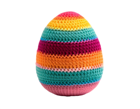 A vibrant, knitted Easter egg displays multiple colors, perfect for holiday crafts or whimsical seasonal designs with a touch of handmade charm, transparent background - Powered by Adobe