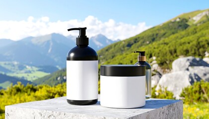 Skincare Products with Blank Labels in a Mountain Setting with Clear Sky.