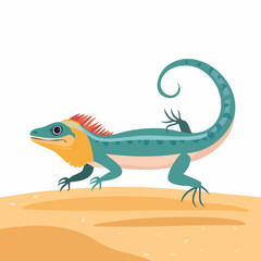 Naklejka premium Stylized Turquoise Lizard with Orange Crest and Curled Tail on Sand