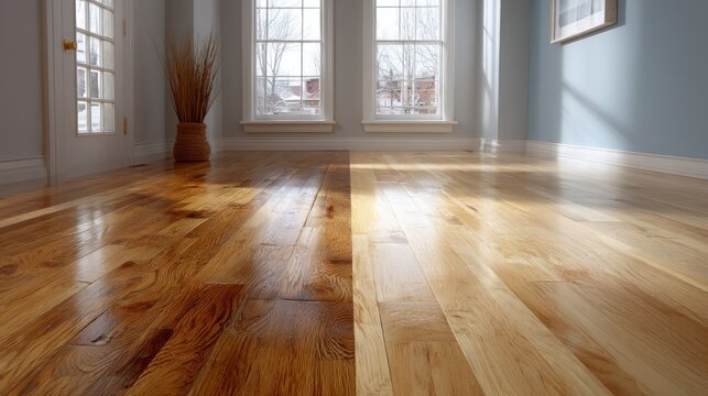 Stunning oak wood flooring with before and after restoration in a bright room