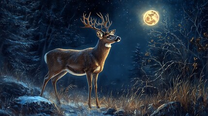 Deer under full moon night forest