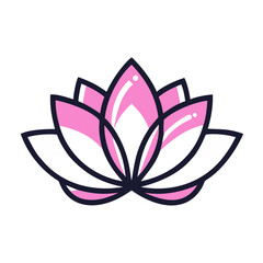 Stylized lotus flower illustration with pink and white petals outlined in black on a white background.