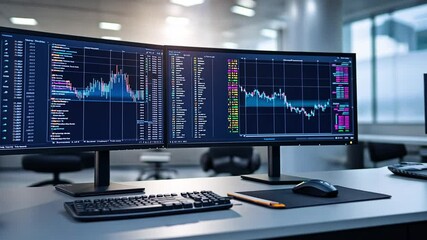 Dual computer monitors displaying financial data and stock market trends in a modern office environment - Powered by Adobe