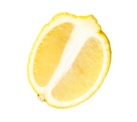 Front view of single ripe yellow lemon fruit in slice and ellipse or oval half isolated with...