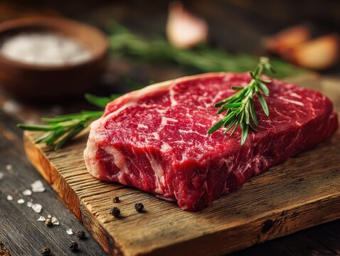 Fresh raw ribeye steak with marbling on wooden cutting board garnished with herbs and spices - Powered by Adobe