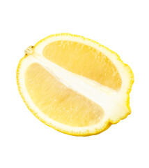 Front view of single ripe yellow lemon fruit in slice and ellipse or oval half isolated with...