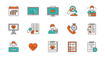 Collection of medical and healthcare themed icons including calendar, monitor, pills, heart, clipboard, and telephone.
