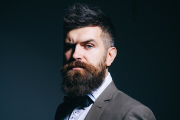 Bearded man. Portrait of a stylish hipster with beard and moustache. Closeup serious male face with beard. Vintage retro barbershop. Fashion male beardcut and groomed beard. Barber shop. Long beard.