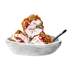 Watercolor Fried Ice Cream Dessert with Strawberry Sauce in Bowl