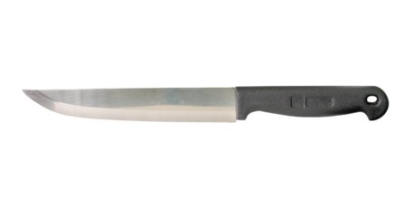 Single silver kitchen knife with black handle isolated with clipping path in png format