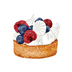 Watercolor Berry Tart with Whipped Cream and Meringue Illustration

