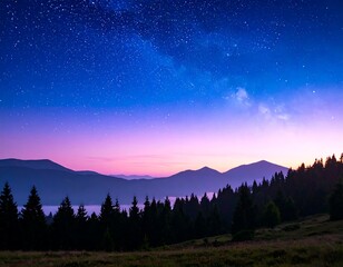 Fototapeta premium Mountain vista, starlit sky at dawn