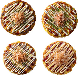 Top View of Four Okonomiyaki with Sauce and Mayo