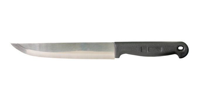 Single silver kitchen knife with black handle isolated with clipping path in png format
