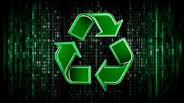 E waste management. Green recycling arrow symbol on digital binary code background showcasing eco technology and sustainable green solutions for future advancements