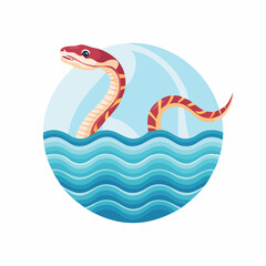 Fototapeta premium Cartoonish Sea Serpent Emerging from Wavy Blue Water Circle
