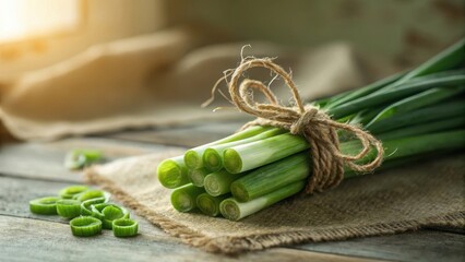 A bundle of fresh green onions tied with twine rests on a burlap cloth on a wooden surface with scattered slices