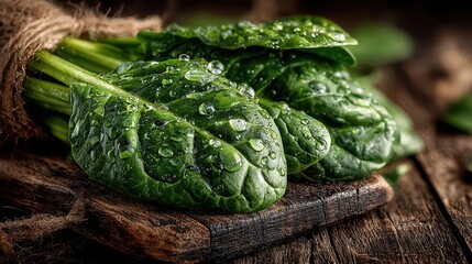 Fresh dark green spinach leaves with water droplets on rustic wooden surface close-up shot