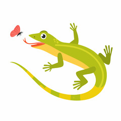 Fototapeta premium Playful Green Lizard with Extended Tongue and a Red Butterfly