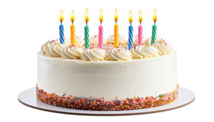 colorful birthday cake with candles. isolated on transparent background form