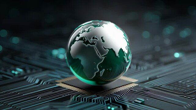 E waste management. Digital globe on microchip circuit board with glowing continents symbolizing futuristic technology innovation and global electronics connection - Powered by Adobe