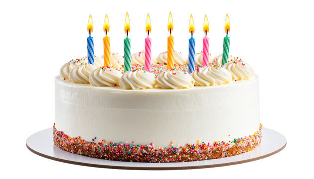 colorful birthday cake with candles. isolated on transparent background form