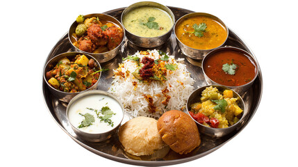 Top view of traditional Indian thali with various dishes, isolated on tranparent background 