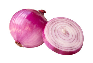 Single fresh peeled red or purple Spanish onion bulb with one onion slice in circle in stack is...
