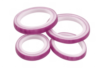 Four red onion rings falling against a transparent background, creating a visually appealing culinary image