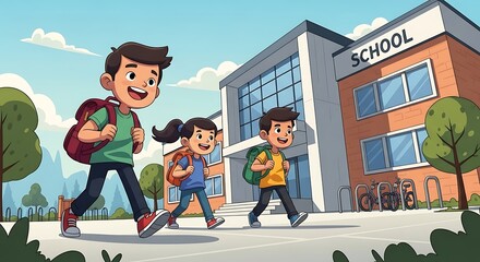 Three cheerful children walking towards a school building with backpacks on a sunny day.