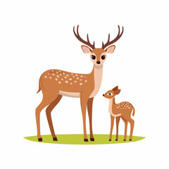 Fototapeta premium Adorable Cartoon Deer Mother and Fawn Standing Together on Green Grass