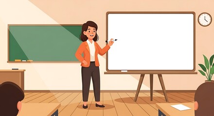 A female teacher presenting at a whiteboard in a classroom, with students in the background.
