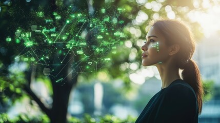 Woman, Green Tech, Future Innovation, Data Visualization, Biometric, Digital Overlay, Nature, AI,  Ecology, Sustainable Technology,  Progressive,  Modern