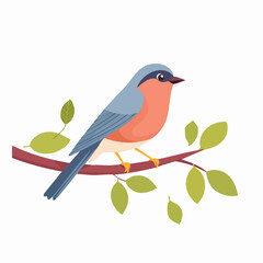 Cartoon Bird Perched on Branch with Green Leaves, Colorful Illustration