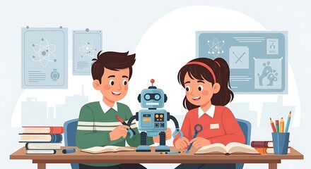 Two children work together on a robot project in a classroom setting, surrounded by educational materials.