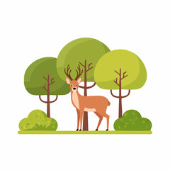 Cartoon Deer Standing Amongst Trees in a Peaceful Forest Scene