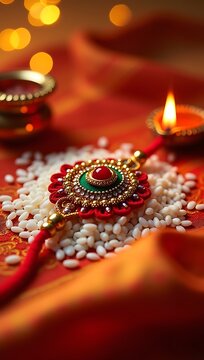 A close-up shot of a beautifully designed rakhi placed on a silk fabric with rice grains, roli (kumkum), and diya around &mdash; symbolizing tradition, celebration, and sibling love.

