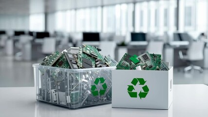 E waste management. Electronic waste recycling with circuit boards, computer chips, and containers promoting sustainable technology disposal in modern office environment - Powered by Adobe