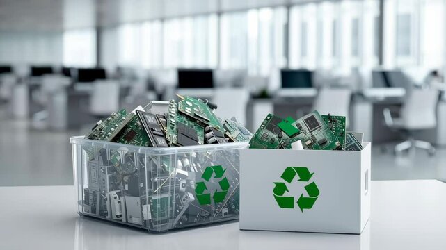 E waste management. Electronic waste recycling with circuit boards, computer chips, and containers promoting sustainable technology disposal in modern office environment