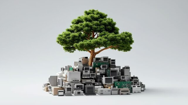 E waste management. Green tree growing pile of old electronic waste including computer monitors, circuit boards, and printers symbolizing environmental recovery