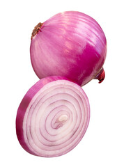 Single fresh peeled red or purple Spanish onion bulb with one onion slice in circle in stack isolated with clipping path in png file format