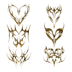 Set 3d chrome metal effect neo tribal y2k gothic style tattoo. Cyber sigilism heart design.