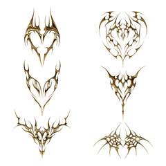 Set 3d chrome metal effect neo tribal y2k gothic style tattoo. Cyber sigilism heart design.