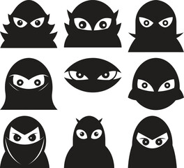Nine Silhouettes of Masked Figures with Wide Eyes